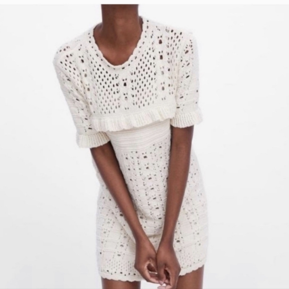 Zara Cream Crochet Style Open Knit Mini Dress Small Boho Festival Spring Retro S